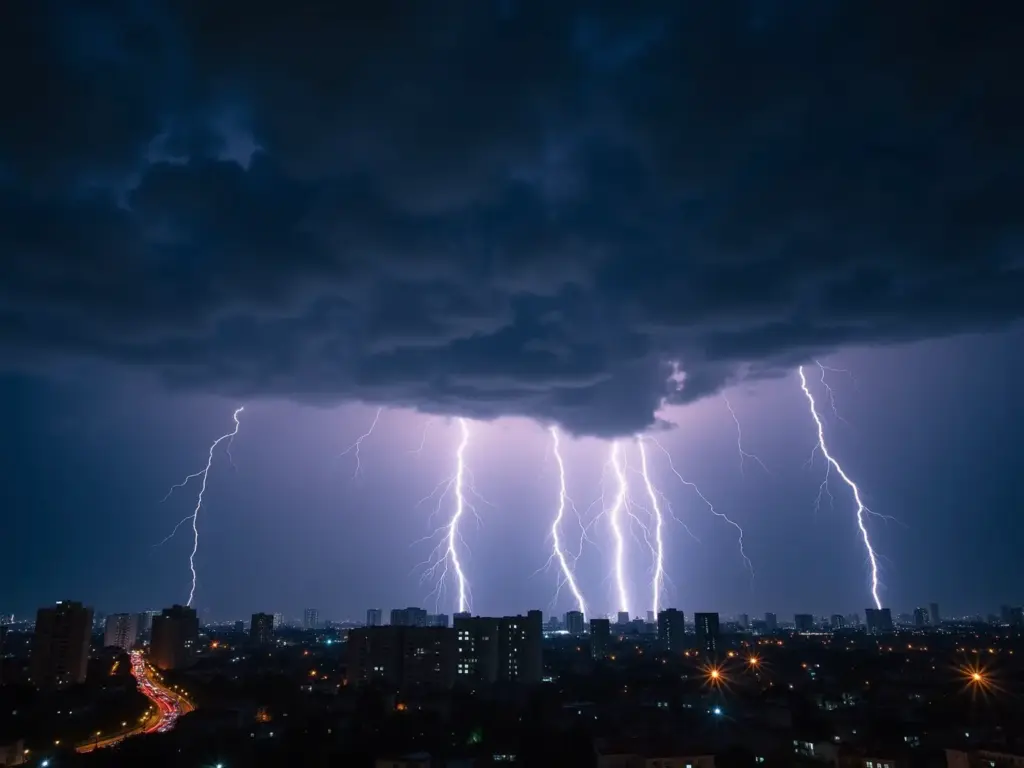 lightning lighting striking a city