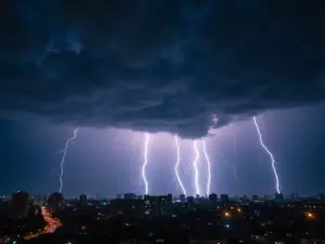 lightning lighting striking a city