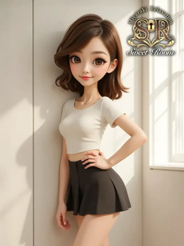 3Dアニメ調の女性キャラクターが白いトップスと黒いスカートを着て室内で微笑んでいるポートレート。右上にSweetRoomのロゴ。