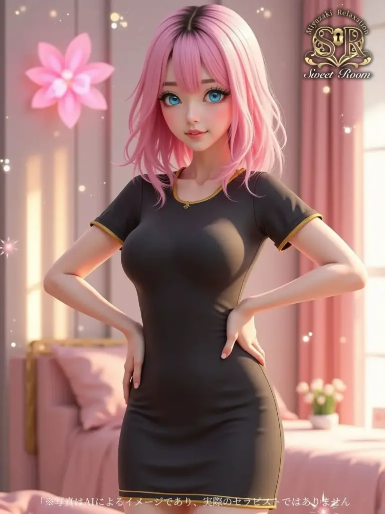 宮崎市のリラクゼーションサロン SweetRoom のイメージモデル。ピンク色の髪と青い瞳をもつ女性が黒いワンピースを着用し、優しい雰囲気の店内を背景にしたAI生成イメージ写真（※実際のセラピストではありません）