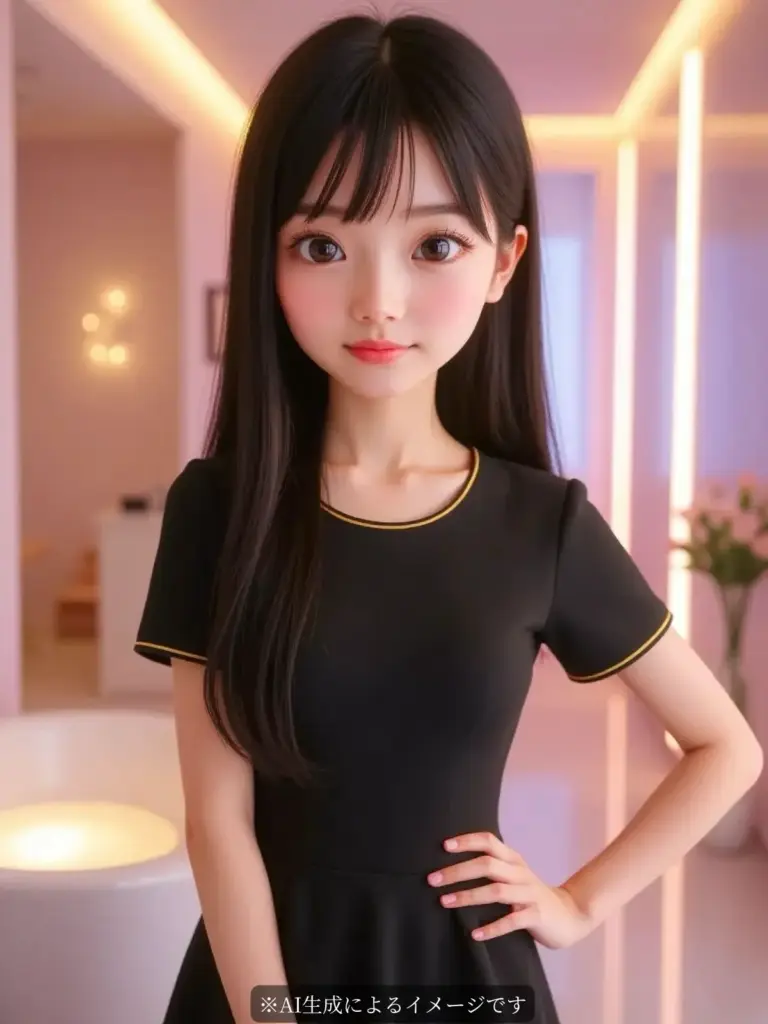  SweetRoom セラピスト宮崎黒髪ロングの女性が黒いワンピースを着て立つ姿ー2025年8月27日